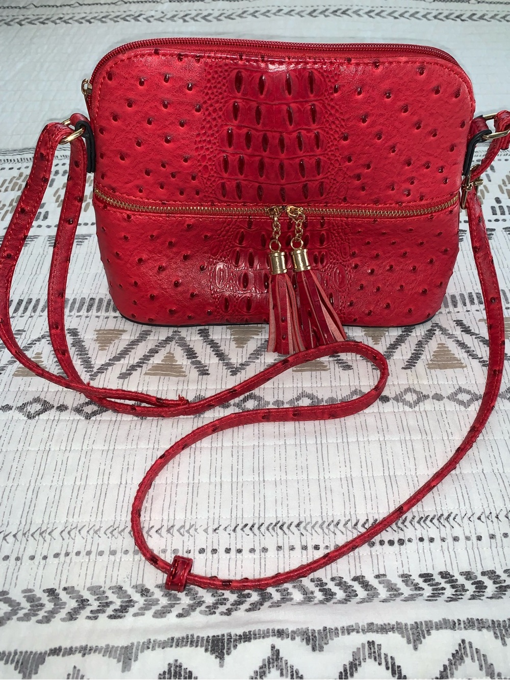 Red Ostrich-Embossed Crossbody Bag with Tassel Detail